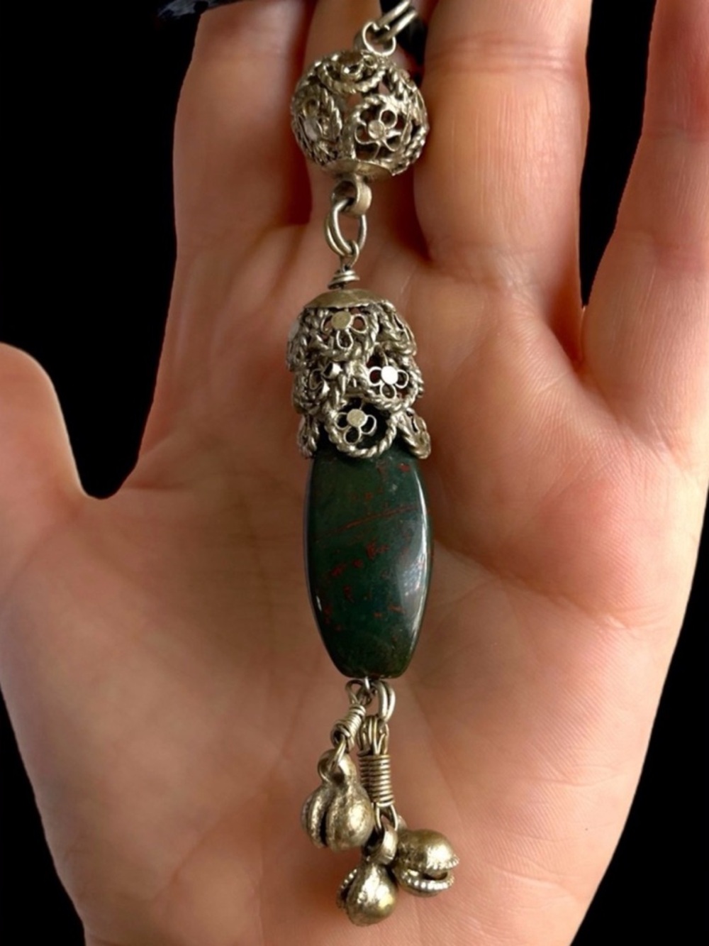 Bloodstone Chalcedony Pendant with Silver Tone Filigree End Caps Balls 4”